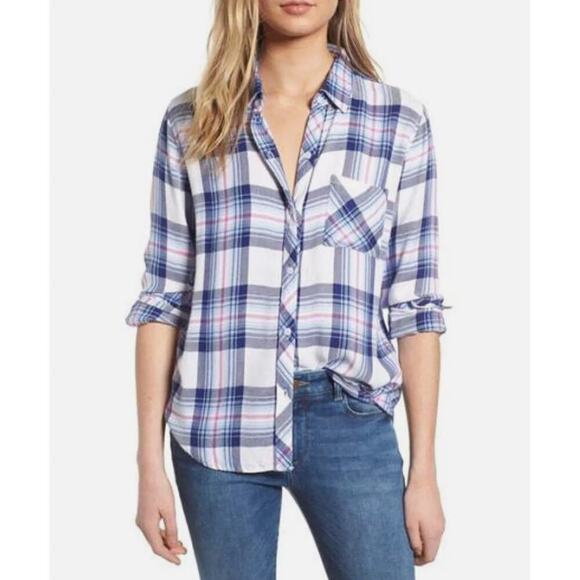 Rails Tops - Rails Ivory Bluebell Pink Button Front Long Sleeve Hunter Plaid Shirt